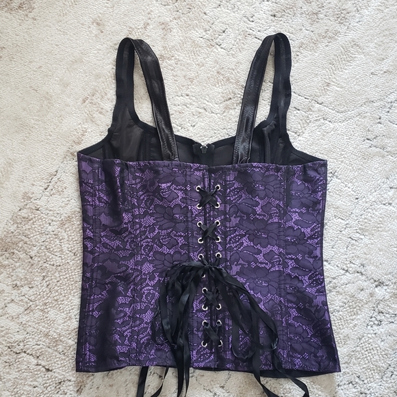 Small Purple Black Lace Print Corset Bustier Waist Trainer with Straps NWOT - Picture 2 of 11